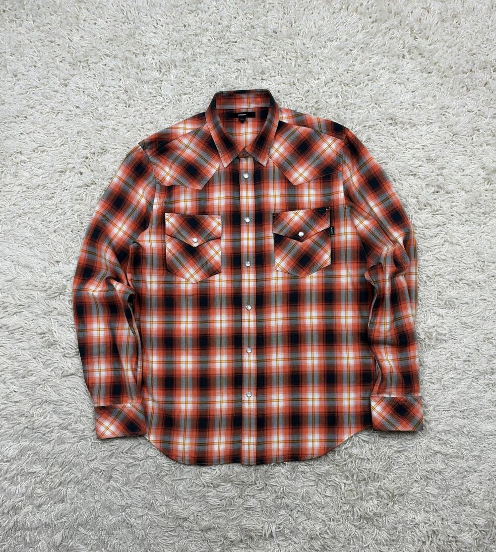 Diesel Western Pearl Snap Shirt Mens Orange Black Plaid Long Sleeve Cotton Sz L